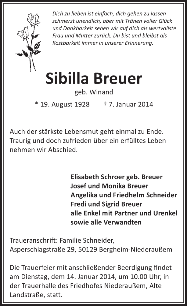  Traueranzeige für Sibilla Breuer vom 11.01.2014 aus  Sonntags-Post 