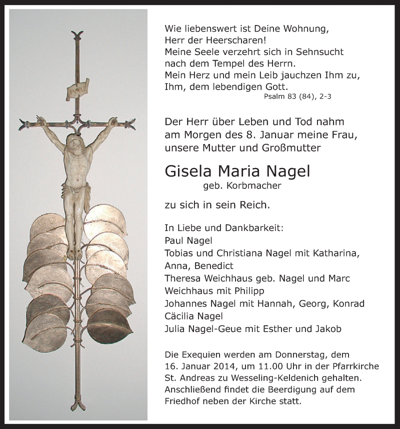  Traueranzeige für Gisela Maria Nagel vom 15.01.2014 aus  Schlossbote/Werbekurier 
