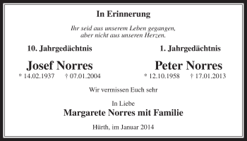 Anzeige von Josef und Peter Norres von  Wochenende 