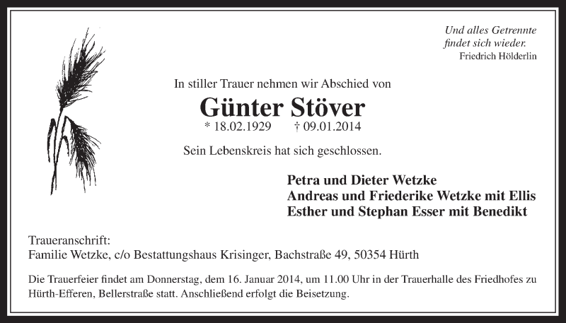  Traueranzeige für Günter Stöver vom 15.01.2014 aus  Wochenende 