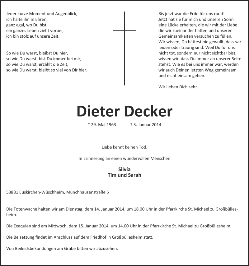  Traueranzeige für Dieter Decker vom 12.01.2014 aus  Blickpunkt Euskirchen 