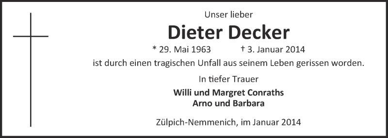  Traueranzeige für Dieter Decker vom 12.01.2014 aus  Blickpunkt Euskirchen 