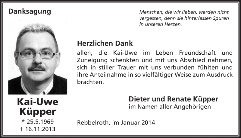  Traueranzeige für Kai-Uwe Küpper vom 15.01.2014 aus  Anzeigen Echo 