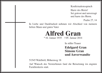Anzeige von Alfred Gran von  Lokalanzeiger 