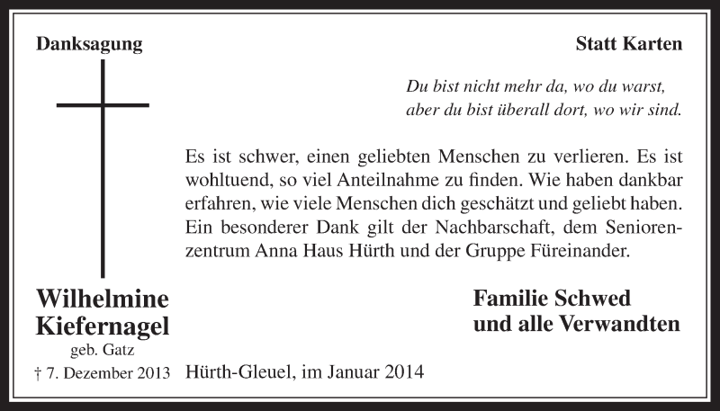 Traueranzeige für Wilhelmine Kiefernagel vom 15.01.2014 aus  Wochenende 