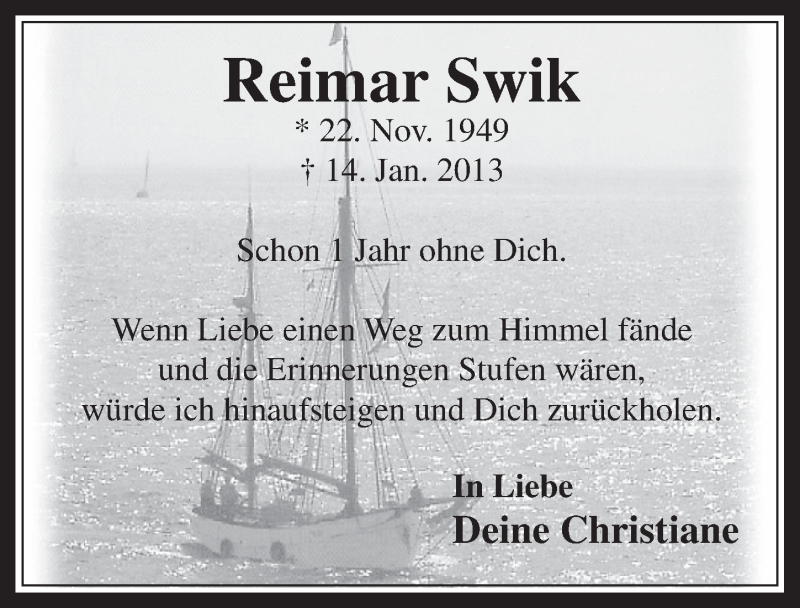  Traueranzeige für Reimar Swik vom 15.01.2014 aus  Werbepost 