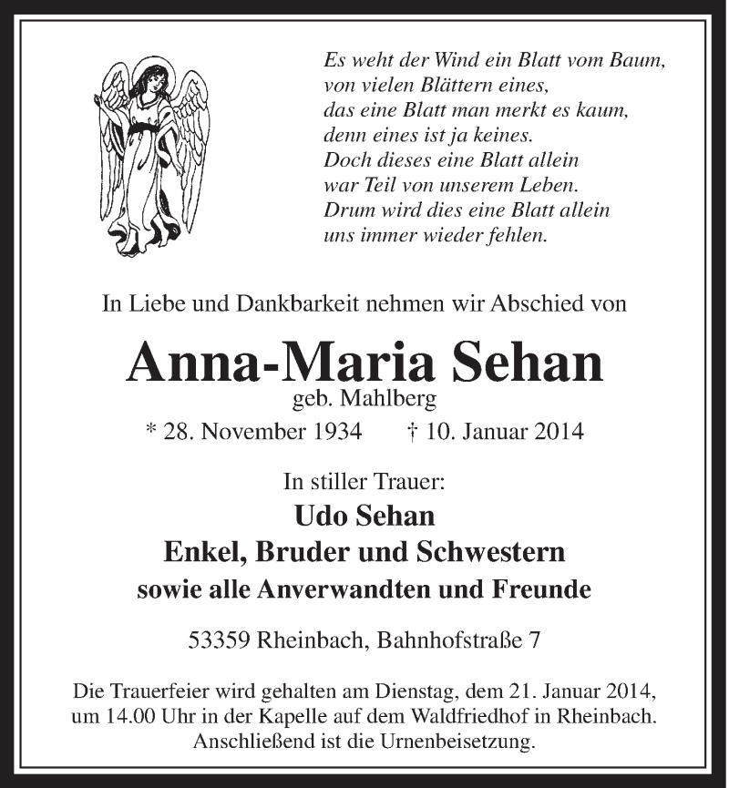  Traueranzeige für Anna-Maria Sehan vom 15.01.2014 aus  Schaufenster/Blickpunkt 