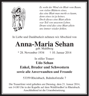 Anzeige von Anna-Maria Sehan von  Schaufenster/Blickpunkt 