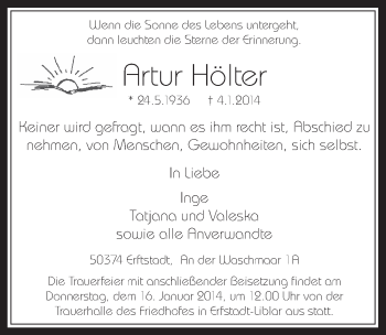 Anzeige von Artur Hölter von  Werbepost 