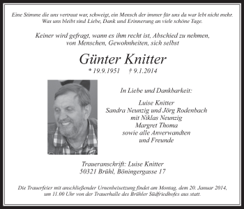 Anzeige von Günter Knitter von  Schlossbote/Werbekurier 