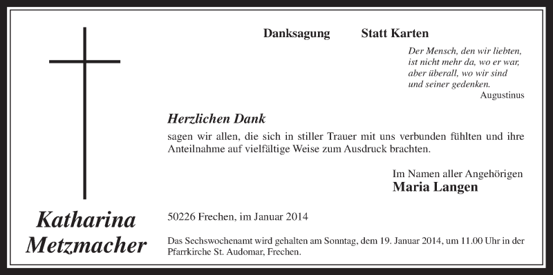 Traueranzeige für Katharina Metzmacher vom 15.01.2014 aus  Wochenende 