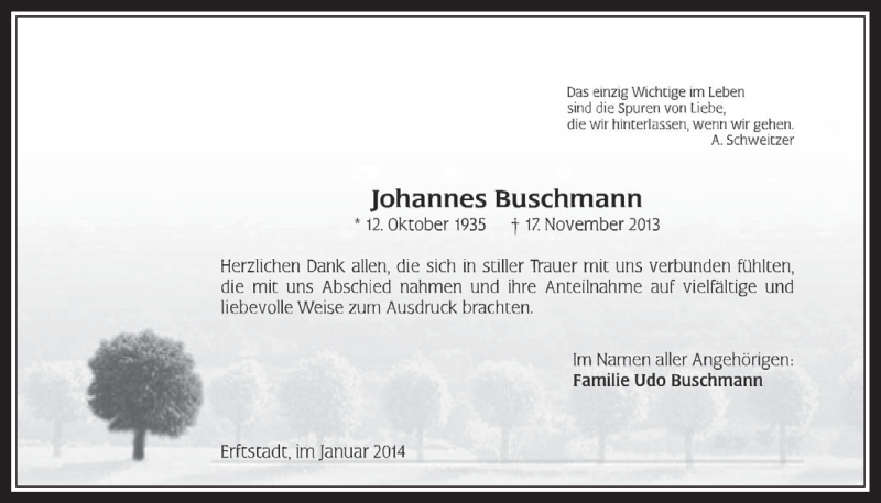  Traueranzeige für Johannes Buschmann vom 15.01.2014 aus  Wochenende  Werbepost 