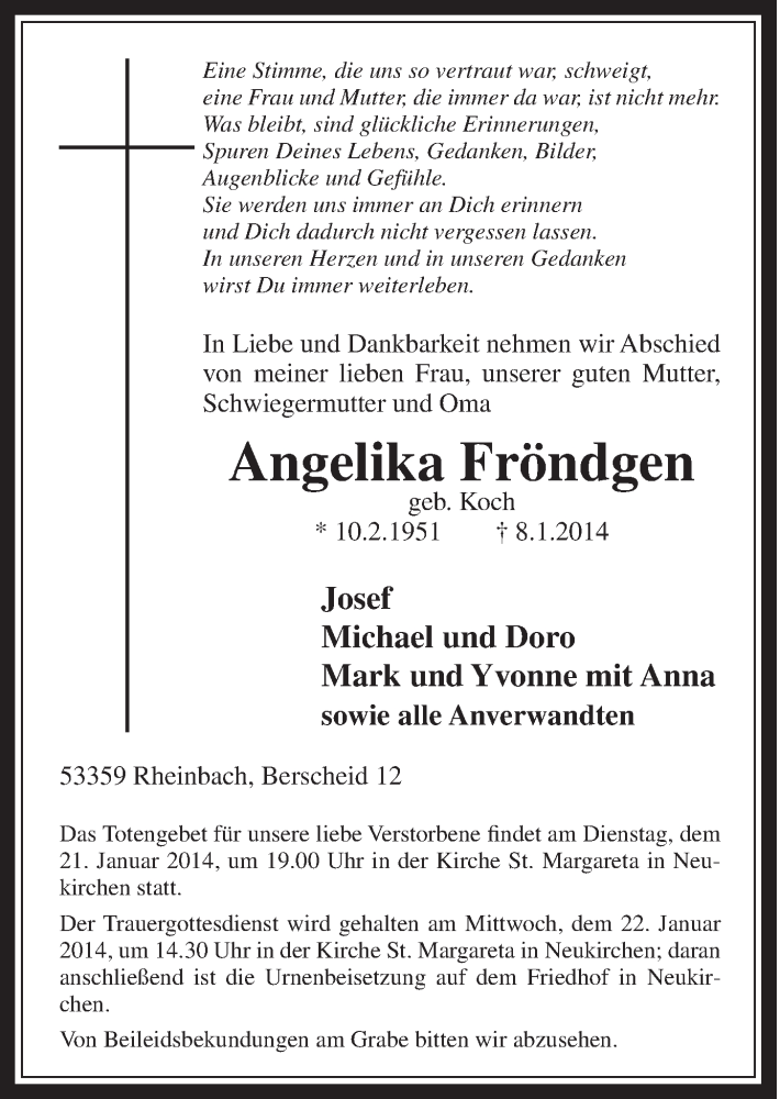  Traueranzeige für Angelika Fröndgen vom 15.01.2014 aus  Schaufenster/Blickpunkt 