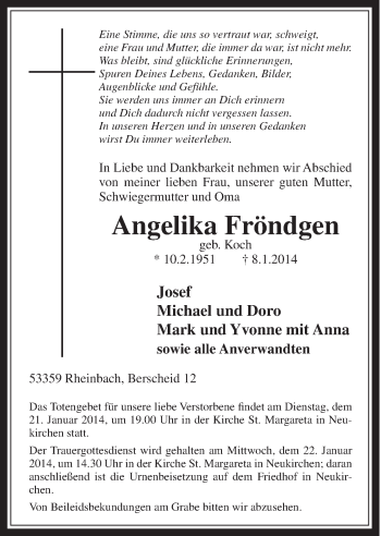 Anzeige von Angelika Fröndgen von  Schaufenster/Blickpunkt 