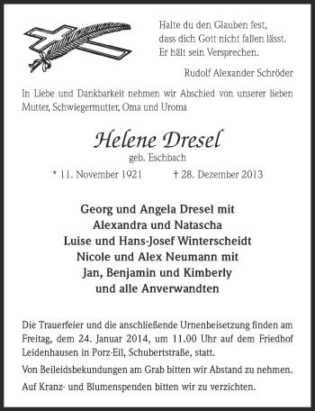 Anzeige von Helene Dresel von  Kölner Wochenspiegel 