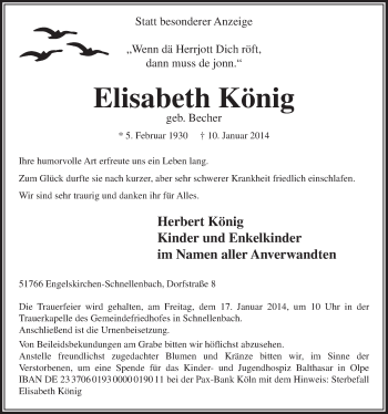 Anzeige von Elisabeth König von  Anzeigen Echo 