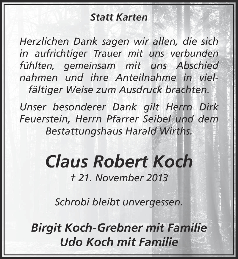  Traueranzeige für Claus Robert Koch vom 15.01.2014 aus  Lokalanzeiger 