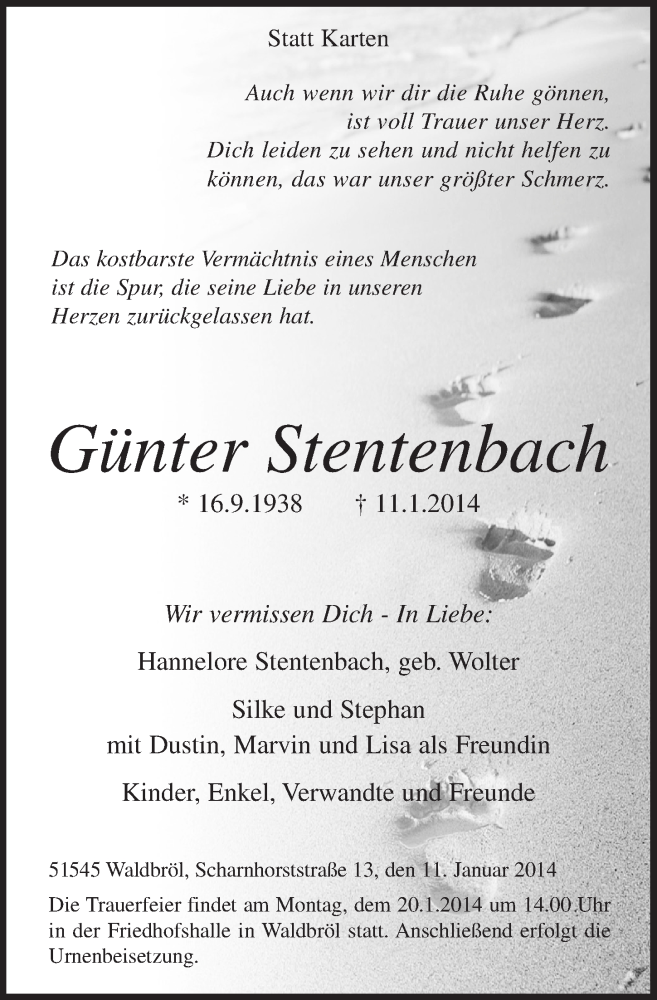  Traueranzeige für Günter Stentenbach vom 15.01.2014 aus  Lokalanzeiger 