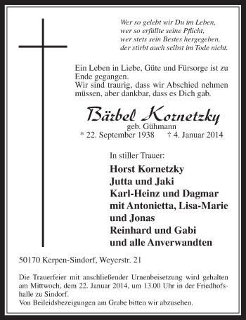 Anzeige von Bärbel Kornetzky von  Werbepost 