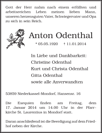 Anzeige von Anton Odenthal von  Extra Blatt 