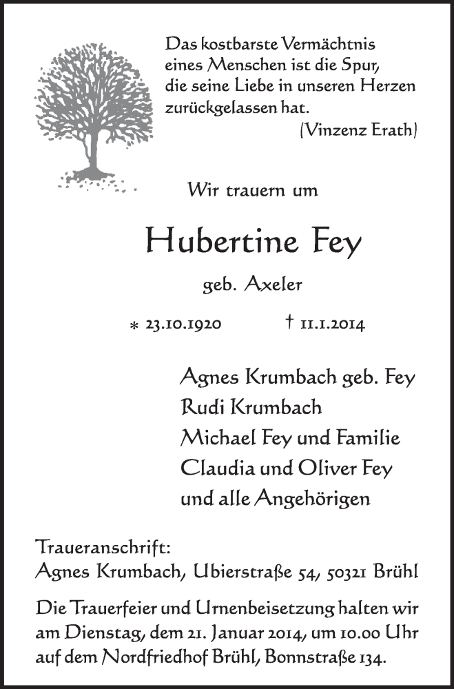  Traueranzeige für Hubertine Frey vom 15.01.2014 aus  Schlossbote/Werbekurier 