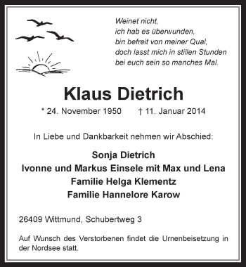 Anzeige von Klaus Dietrich von  Wochenende 