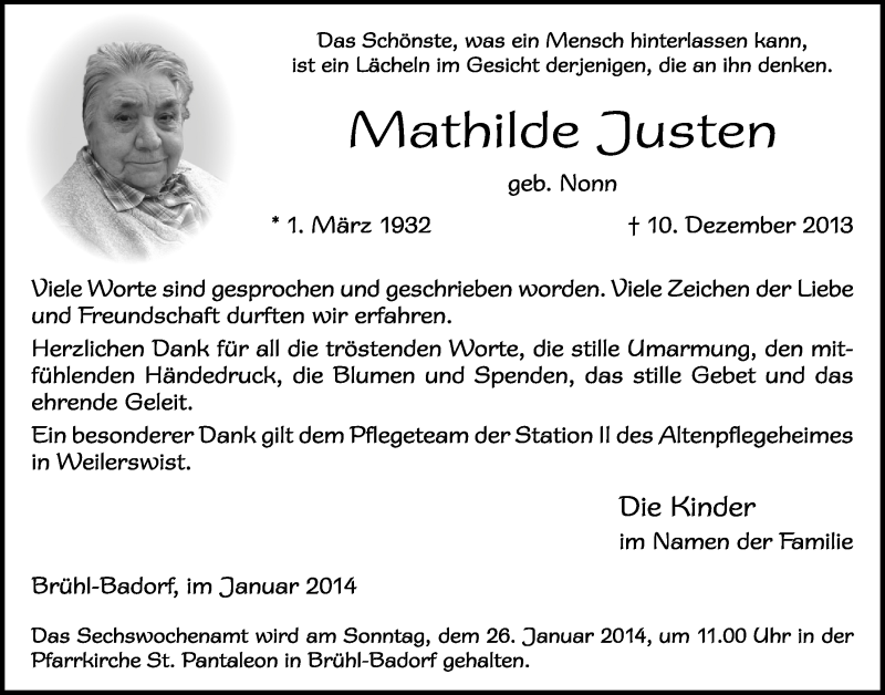  Traueranzeige für Mathilde Justen vom 15.01.2014 aus  Schlossbote/Werbekurier 