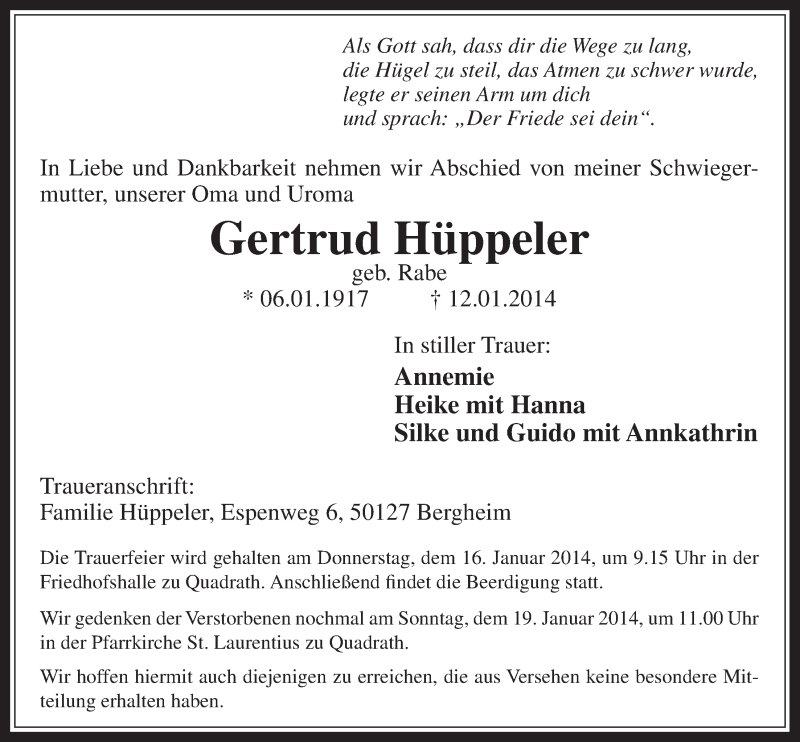  Traueranzeige für Gertrud Hüppeler vom 15.01.2014 aus  Werbepost 