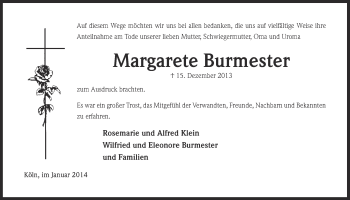 Anzeige von Margarete Burmester von  Kölner Wochenspiegel 