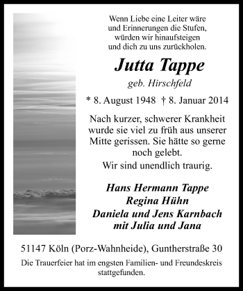 Anzeige von Jutta Tappe von  Kölner Wochenspiegel 