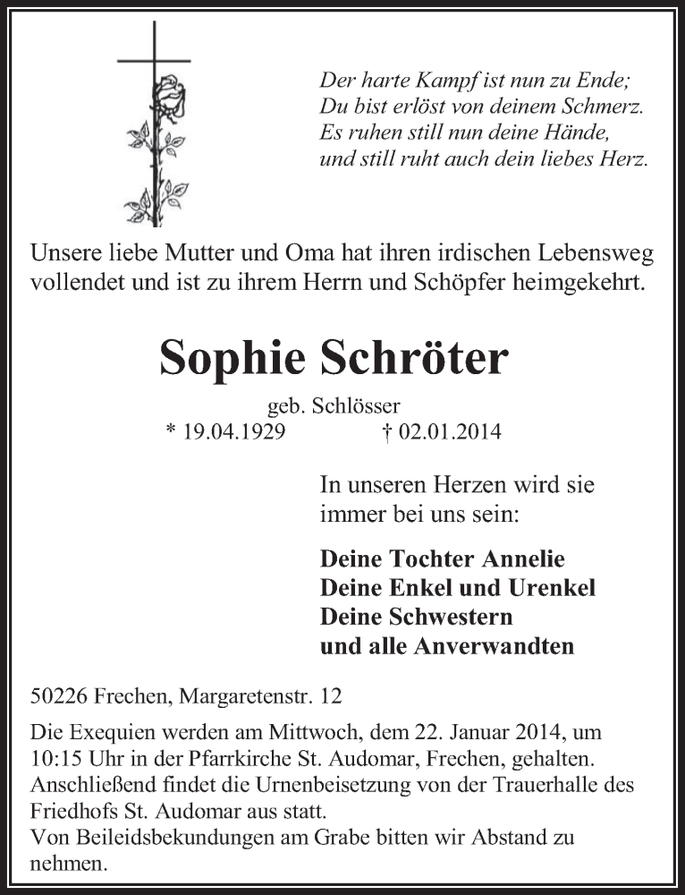  Traueranzeige für Sophie Schröter vom 15.01.2014 aus  Wochenende 