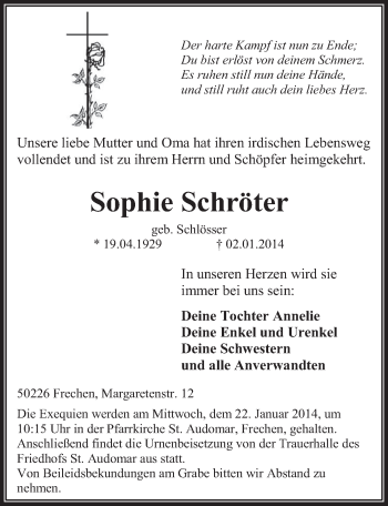 Anzeige von Sophie Schröter von  Wochenende 