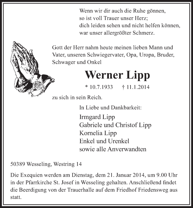  Traueranzeige für Werner Lipp vom 15.01.2014 aus  Schlossbote/Werbekurier 