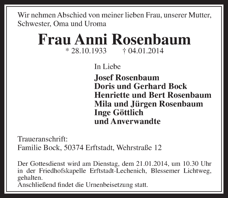  Traueranzeige für Anni Rosenbaum vom 15.01.2014 aus  Bergisches Handelsblatt 