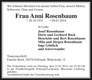 Anzeige von Anni Rosenbaum von  Bergisches Handelsblatt 