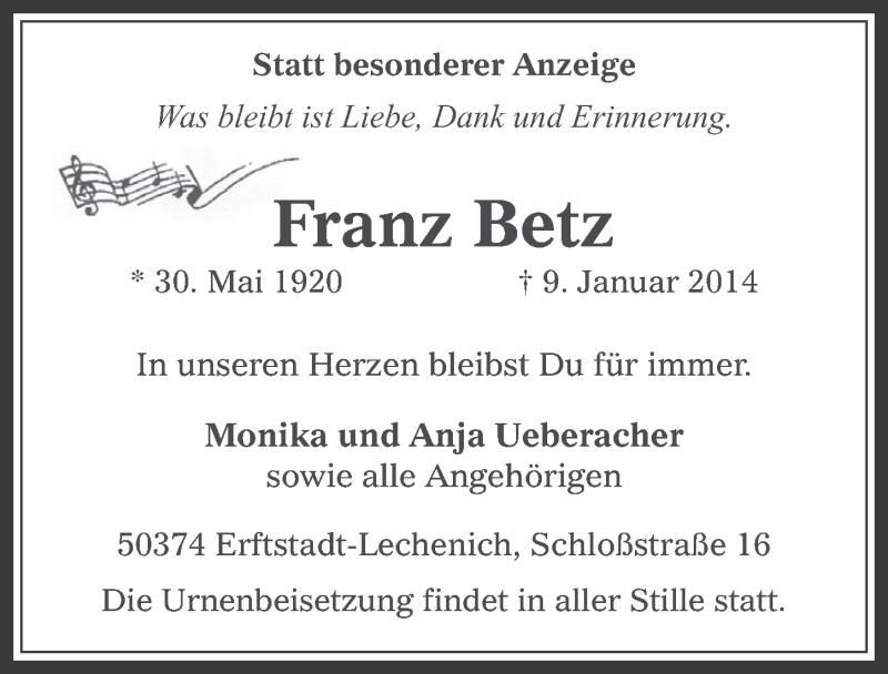  Traueranzeige für Franz Betz vom 15.01.2014 aus  Werbepost 
