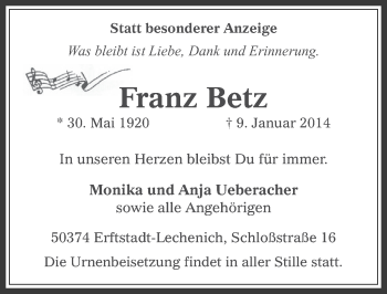 Anzeige von Franz Betz von  Werbepost 