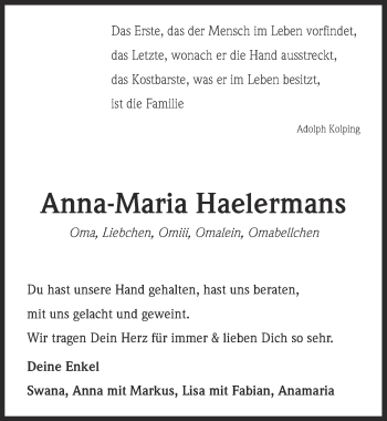 Anzeige von Anna-Maria Haelermans von  Kölner Wochenspiegel 