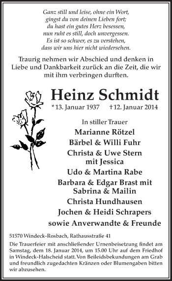 Anzeige von Heinz Schmidt von  Lokalanzeiger 