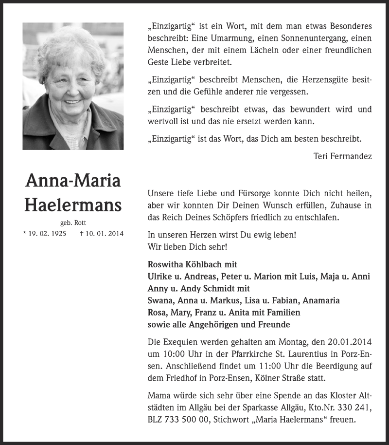 Traueranzeige für Anna-Maria Haelermans vom 15.01.2014 aus  Kölner Wochenspiegel 