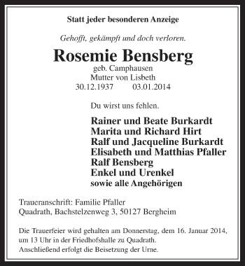 Anzeige von Rosemie Bensberg von  Werbepost 
