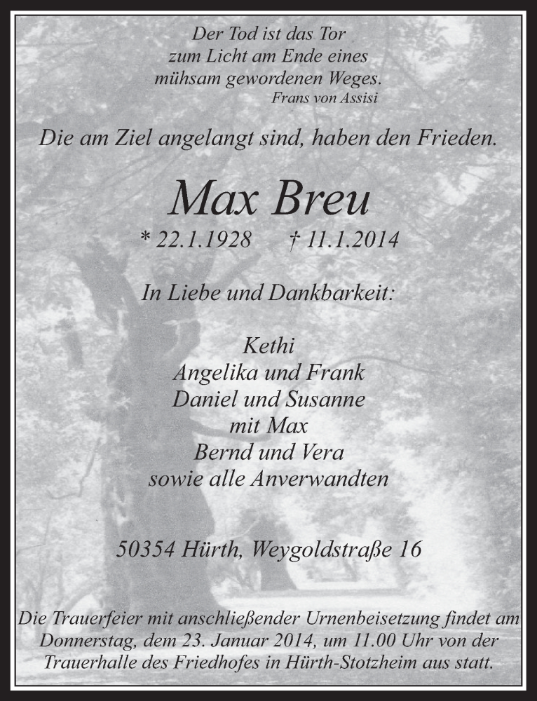  Traueranzeige für Max Breu vom 15.01.2014 aus  Wochenende 
