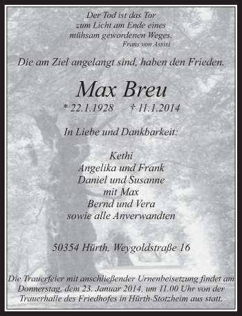 Anzeige von Max Breu von  Wochenende 