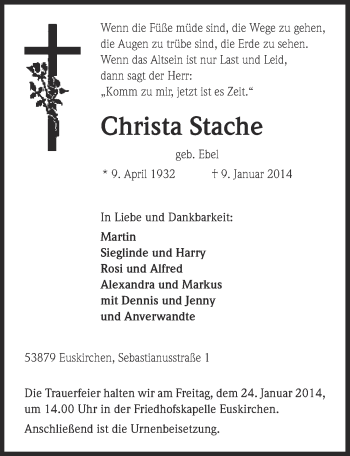 Anzeige von Christa Stache von  Blickpunkt Euskirchen 