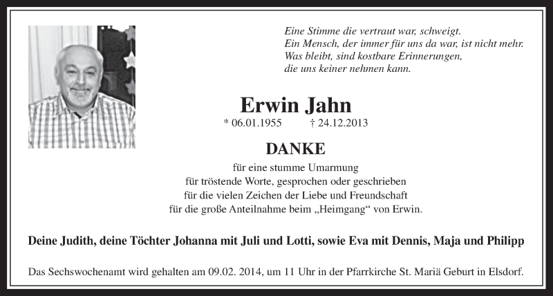  Traueranzeige für Erwin Jahn vom 15.01.2014 aus  Werbepost 