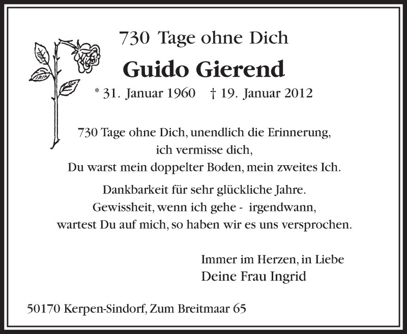  Traueranzeige für Guido Gierend vom 18.01.2014 aus  Sonntags-Post 