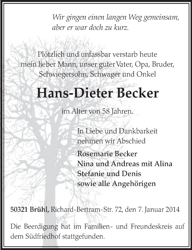  Traueranzeige für Hans-Dieter Becker vom 15.01.2014 aus  Schlossbote/Werbekurier 