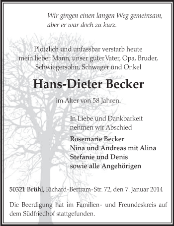 Anzeige von Hans-Dieter Becker von  Schlossbote/Werbekurier 