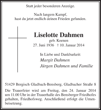 Anzeige von Liselotte Dahmen von  Bergisches Handelsblatt 