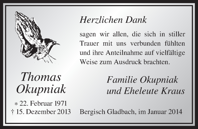  Traueranzeige für Thomas Okupniak vom 15.01.2014 aus  Bergisches Handelsblatt 